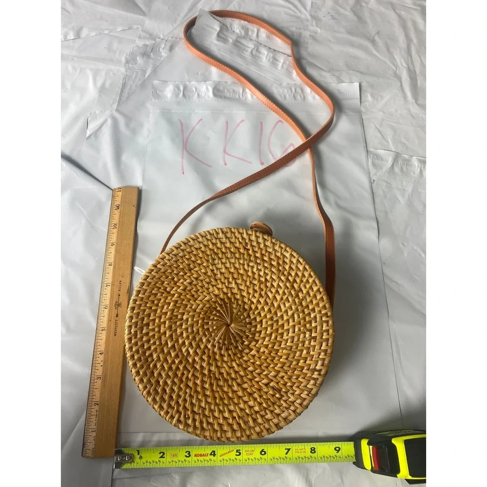 Handwoven Round Rattan Shoulder Bag Boho Festival Purse Blue‎ Fabric Lined